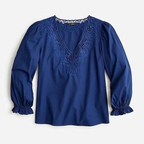 J. Crew Tops - J. Crew V-Neck Eyelet Trim Cotton Long Sleeve Top Navy Size M